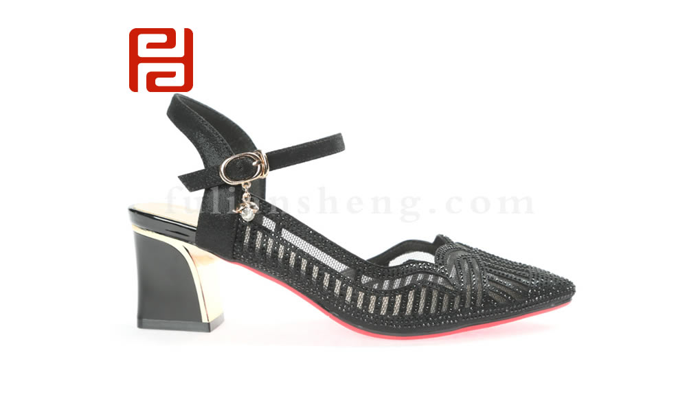 福連升水鉆百搭女鞋 一字帶尖頭中跟網紗粗跟涼鞋圖片