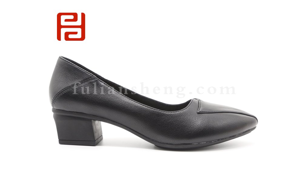 福連升粗跟單鞋女春秋淺口百搭工作鞋方頭氣質女鞋中跟豆豆鞋圖片