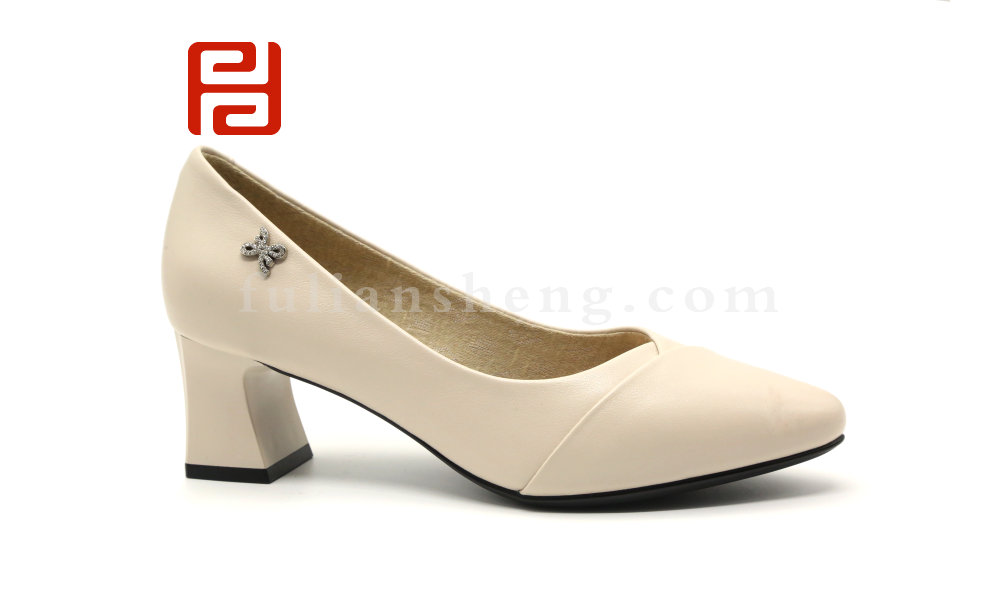 福連升尖頭單鞋女真皮粗跟春款粗高跟淺口休閑工作皮鞋